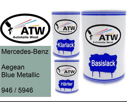 Mercedes-Benz, Aegean Blue Metallic, 946 / 5946: 500ml Lackdose + 500ml Klarlack + 250ml Härter - Set, von ATW Autoteile West.